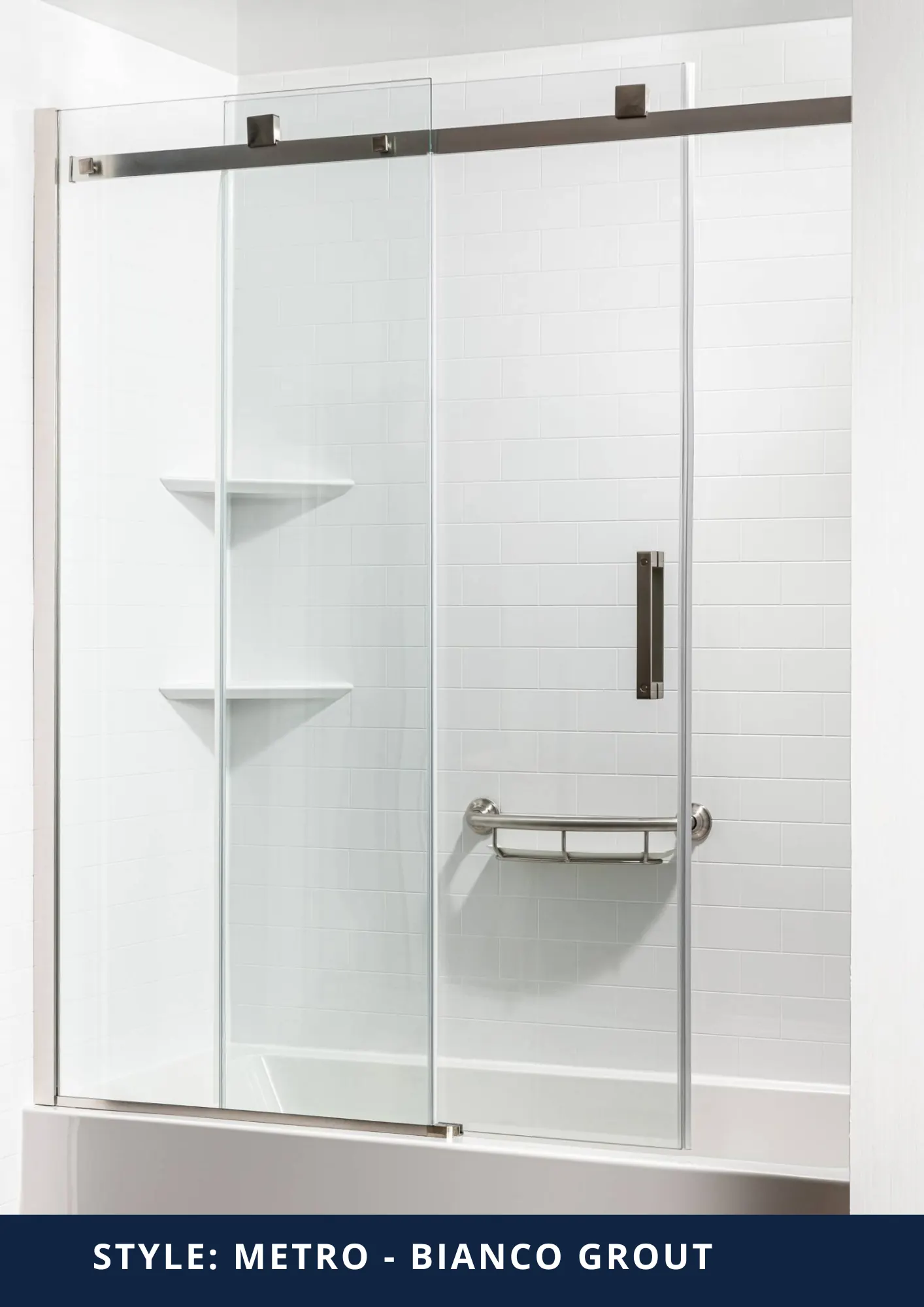 Acrylic shower wall panels, Metro Bianco style — Metro Bianco Grout Sliding Door — the Kawarthas, Ontario